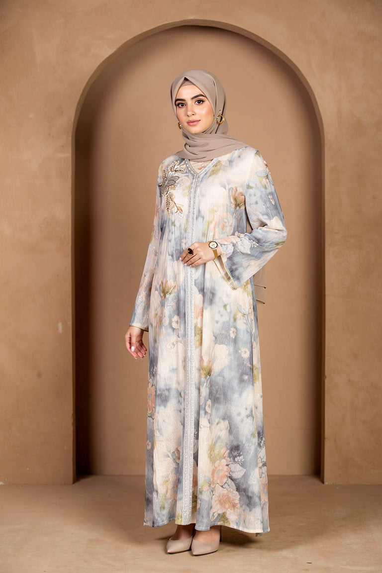 Kaftan fleuri brodé & perlé, coupe fluide — Juliette - Style by Aliyah