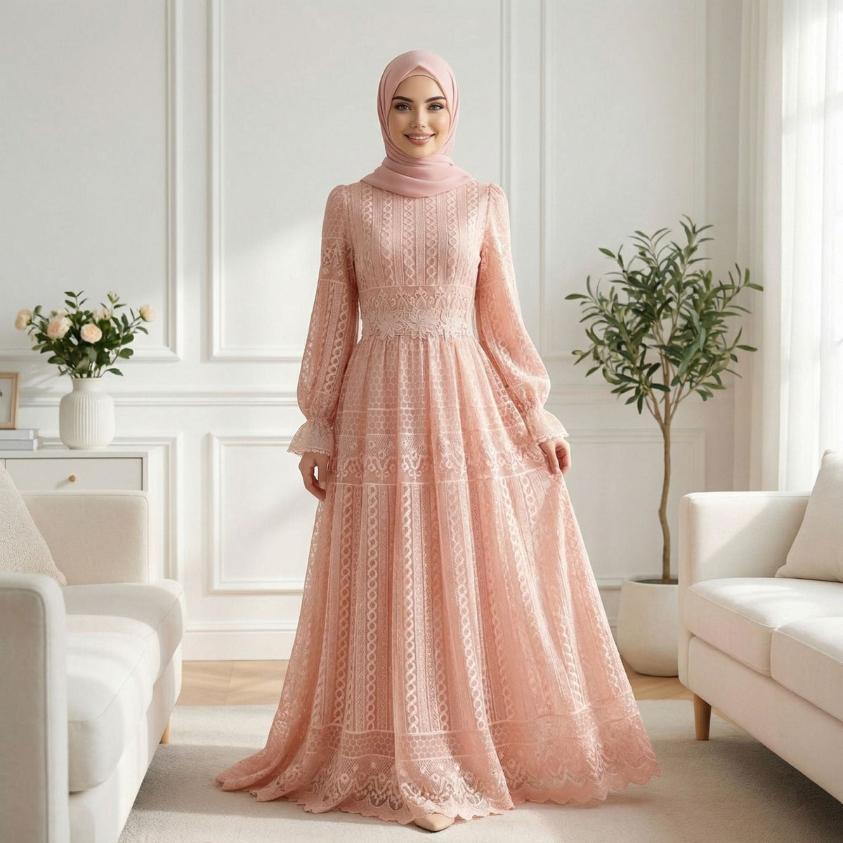 Robe longue en dentelle brodée, col montant — Lydia
