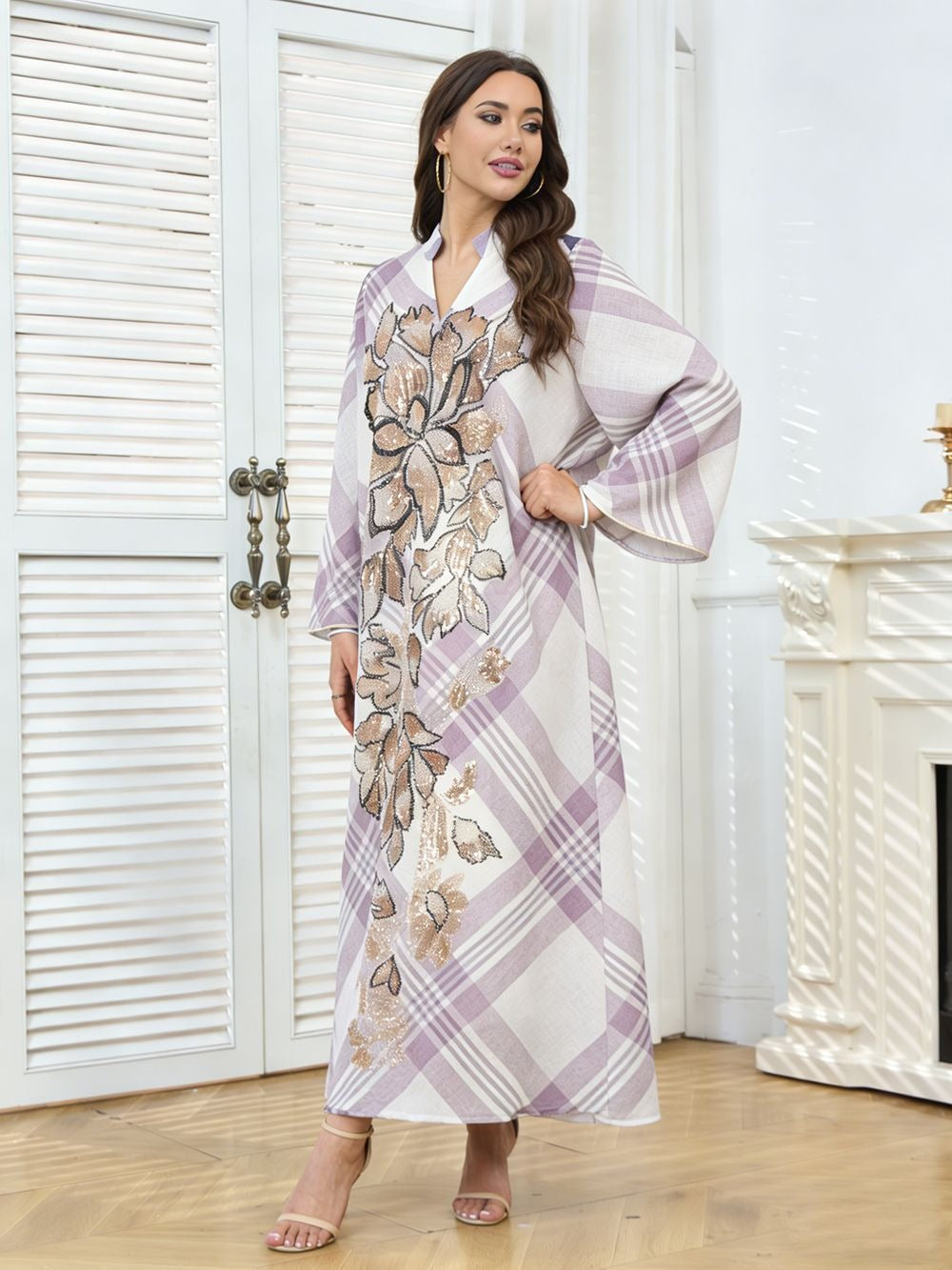 Robe longue à carreaux & sequins floraux — Élise