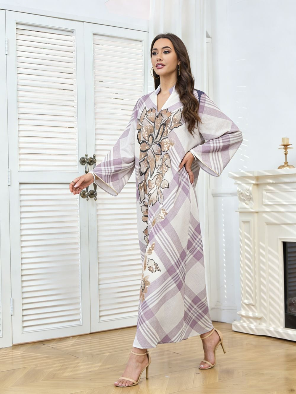 Robe longue à carreaux & sequins floraux — Élise