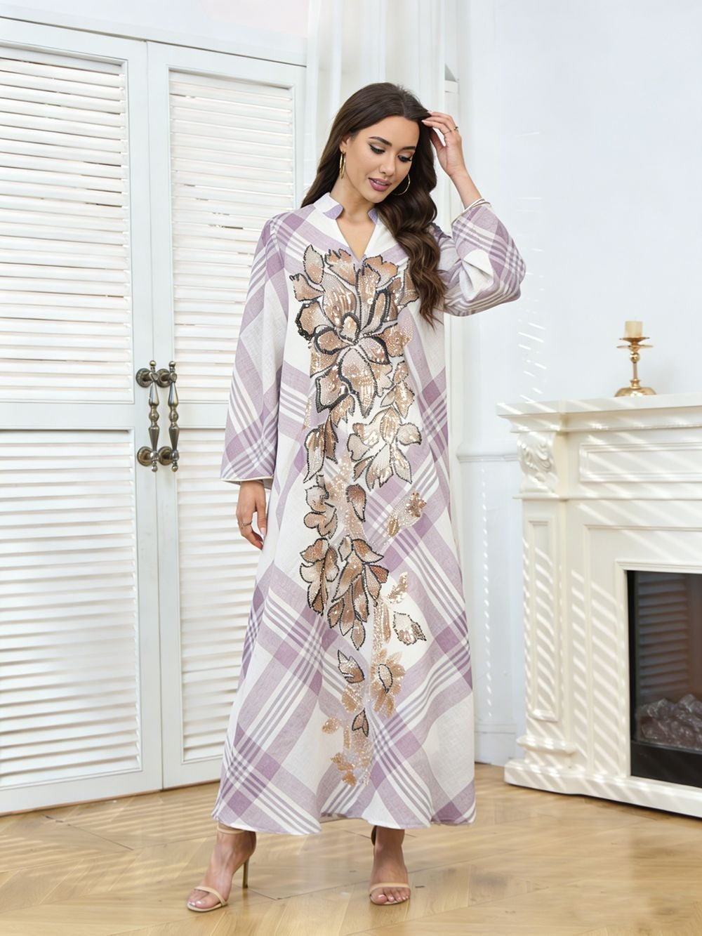 Robe longue à carreaux & sequins floraux — Élise