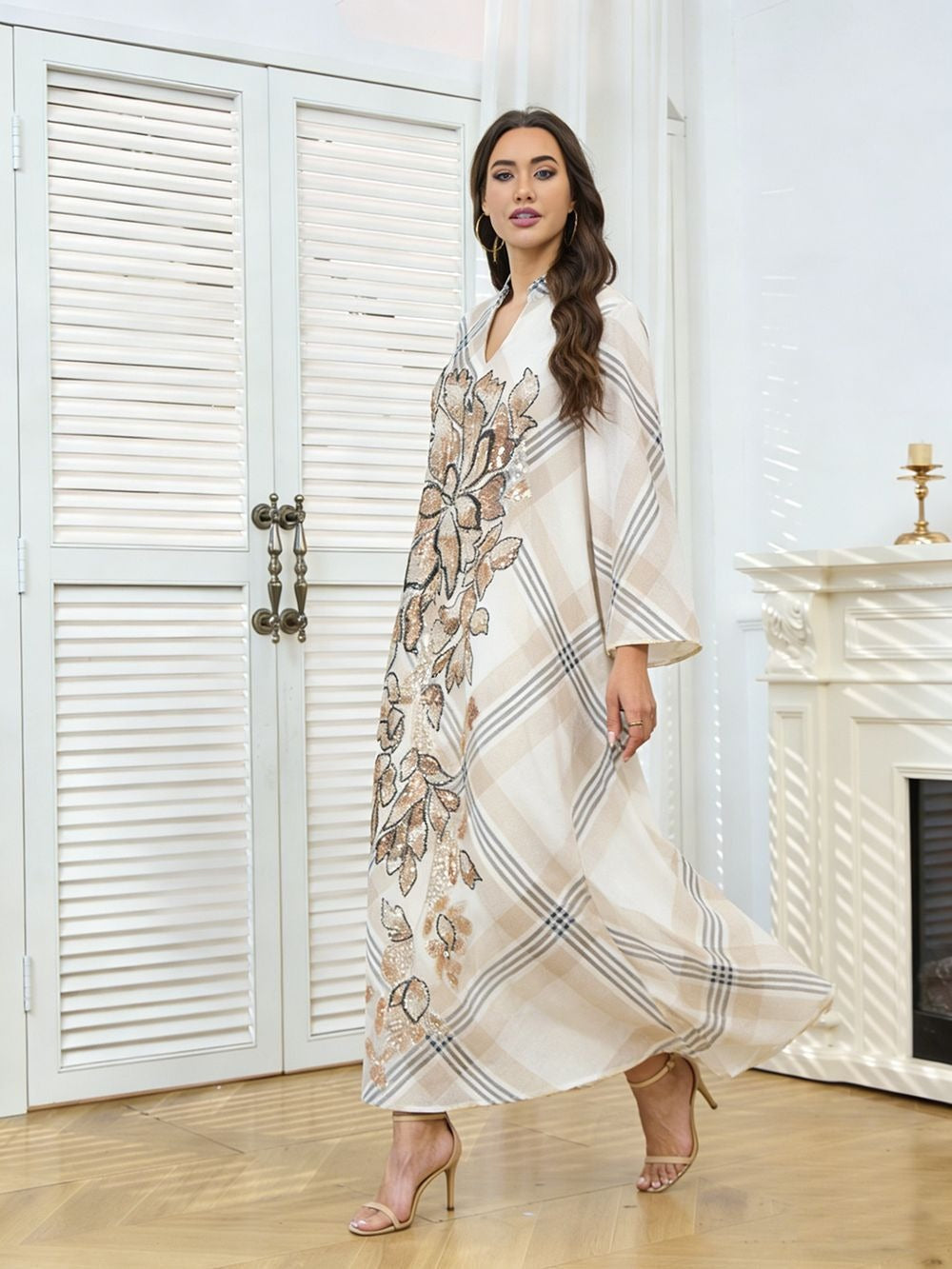 Robe longue à carreaux & sequins floraux — Élise