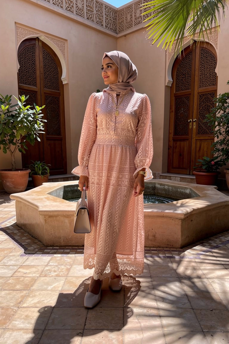 Robe longue en dentelle brodée, col montant — Lydia - Style by Aliyah