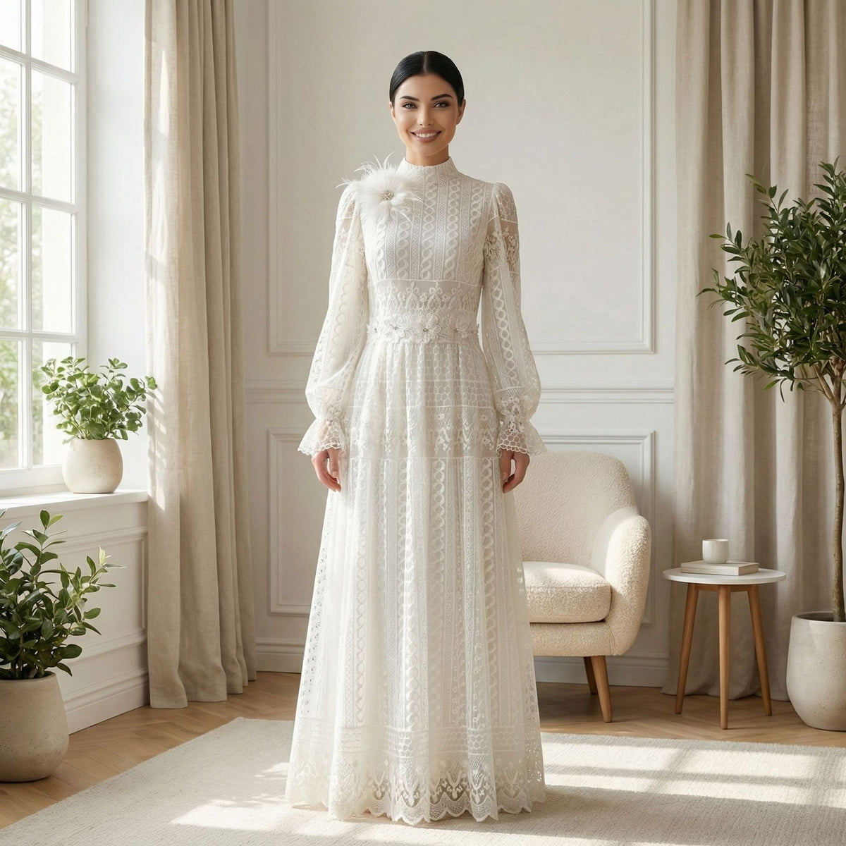 Robe longue en dentelle brodée, col montant — Lydia