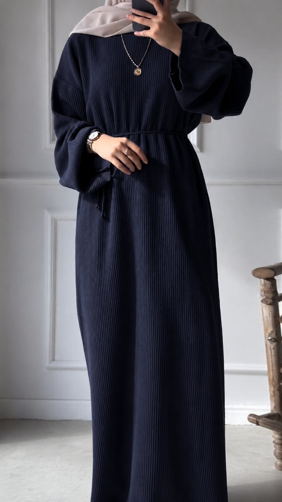 Robe longue côtelée ceinturée manches amples — Safia
