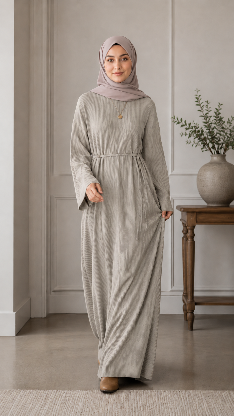 Robe longue côtelée ceinturée manches amples — Safia