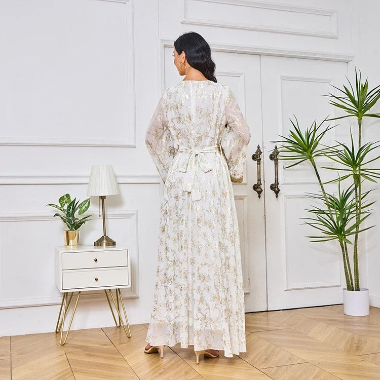 Kaftan fluide à imprimé doré et ceinture dorée — Sihem