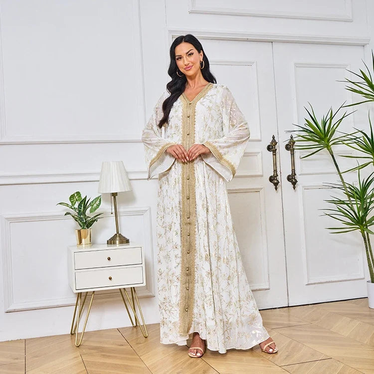Kaftan fluide à imprimé doré et ceinture dorée — Sihem