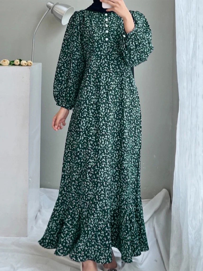 Robe Hind vert — détail de l'imprimé fleuri et tissage léger