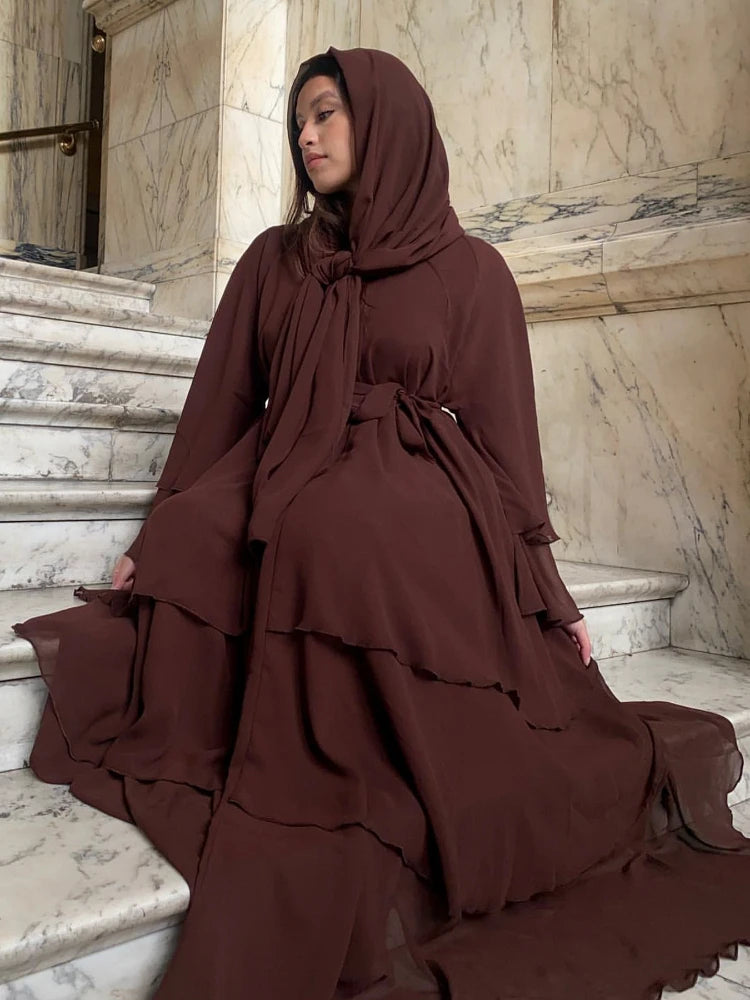 Robe Rania longue chiffon volants — vue de face, tombe ample