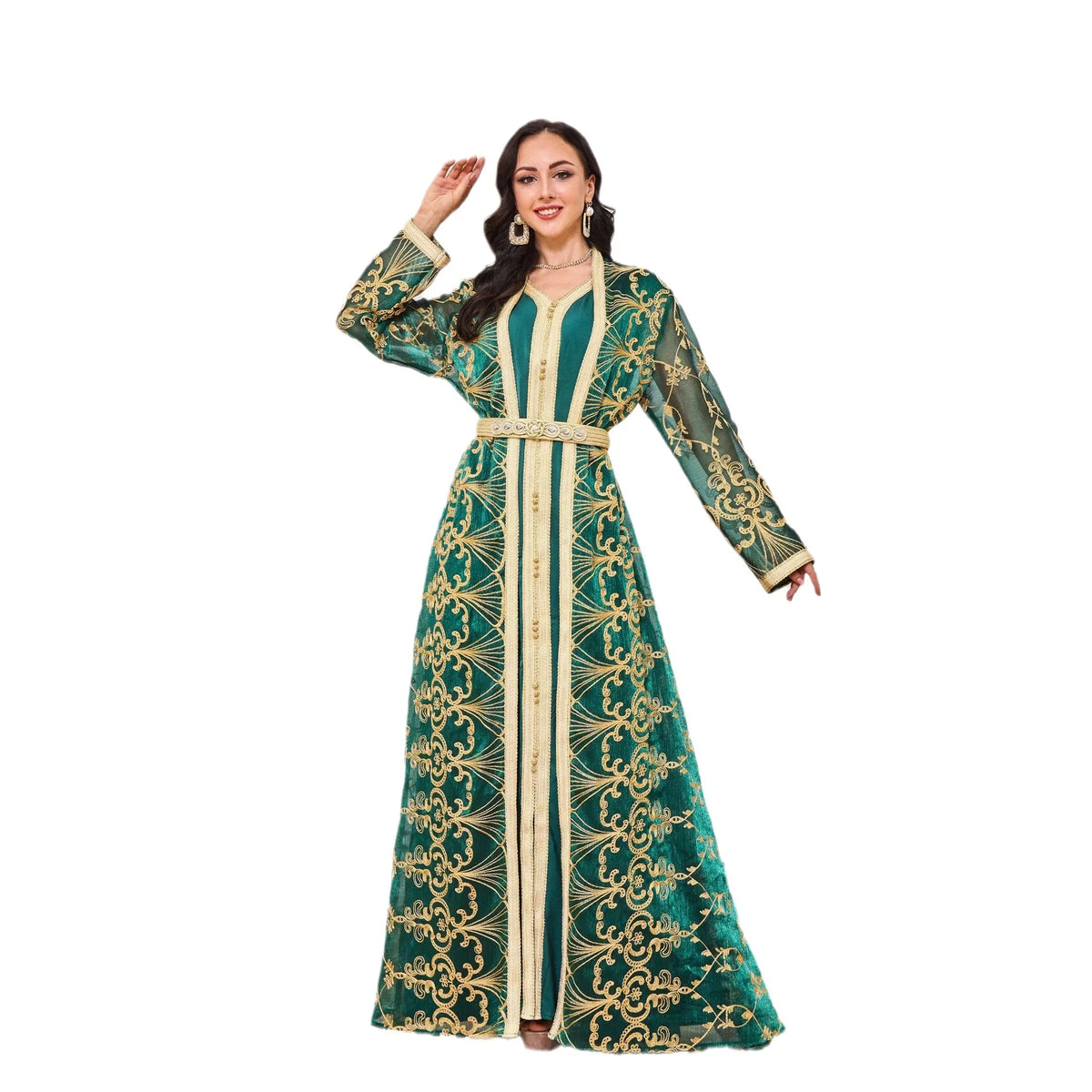 Ensemble Malak — vue arrière, drape élégant de la robe longue