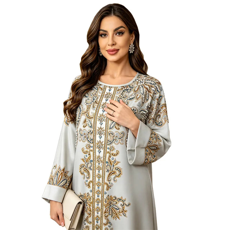 Robe Yousra grise — vue complète, tenue habillée raffinée