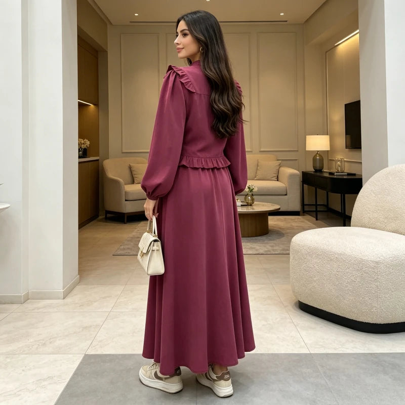 Ensemble Yasmine — détail de la ceinture et volants de la jupe
