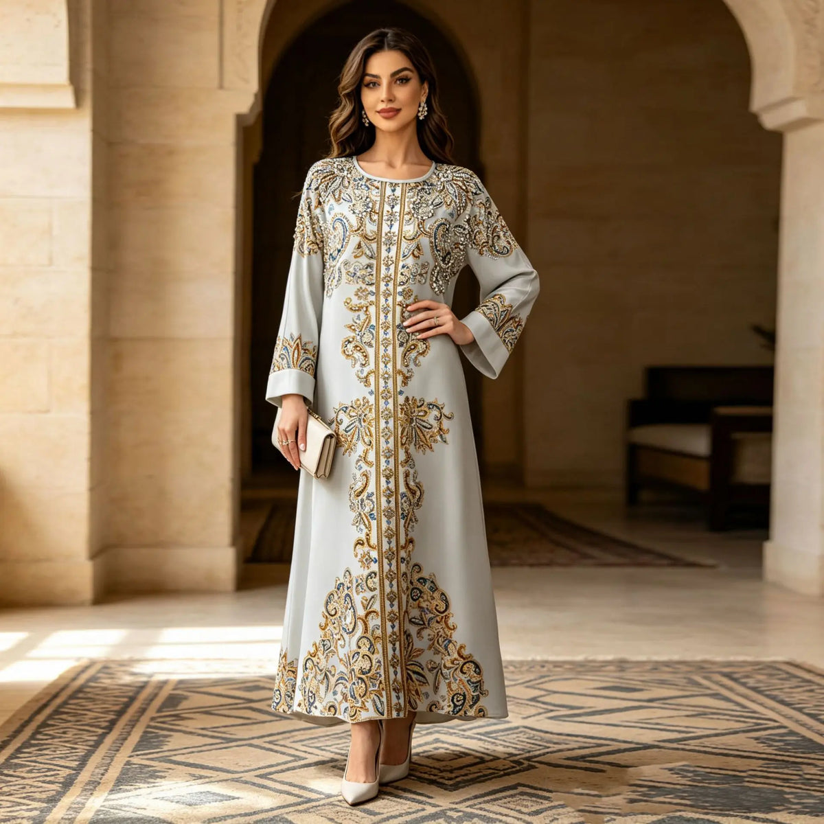 Robe Yousra grise — vue de profil, manches longues élégantes
