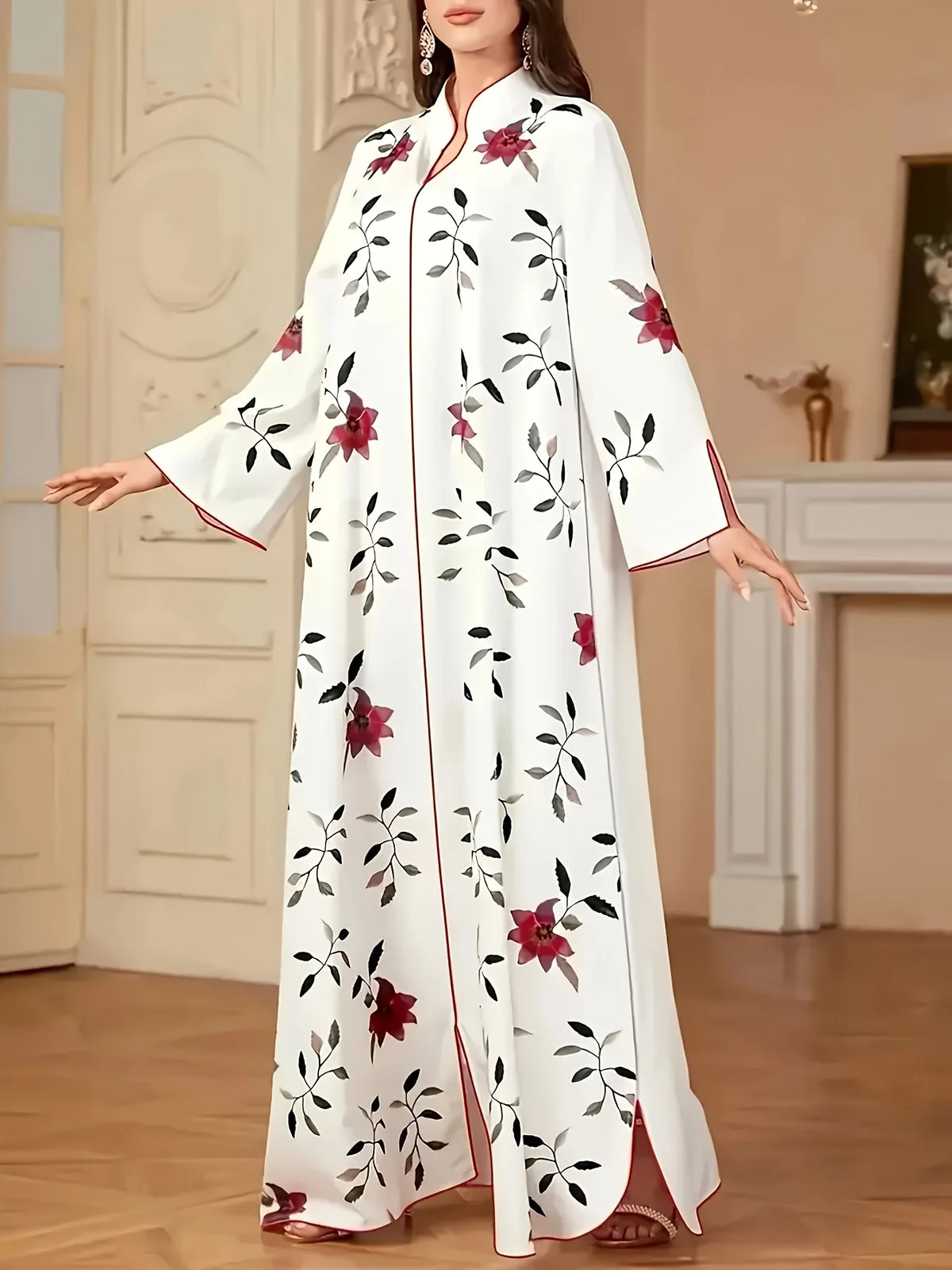 Robe Jasmine en chiffon beige — vue de profil, manches longues gracieuses
