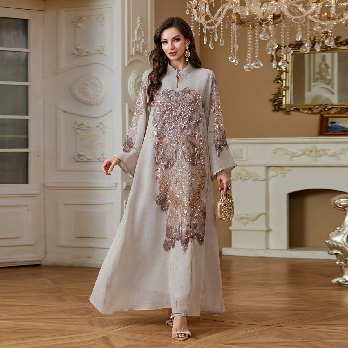 Robe Meryem pailletée — vue arrière, tombe impeccable manches longues