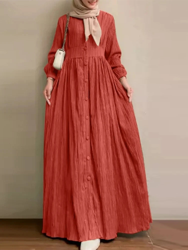 Robe longue Selma rouge — vue de face, taille haute froncée et jupe ample