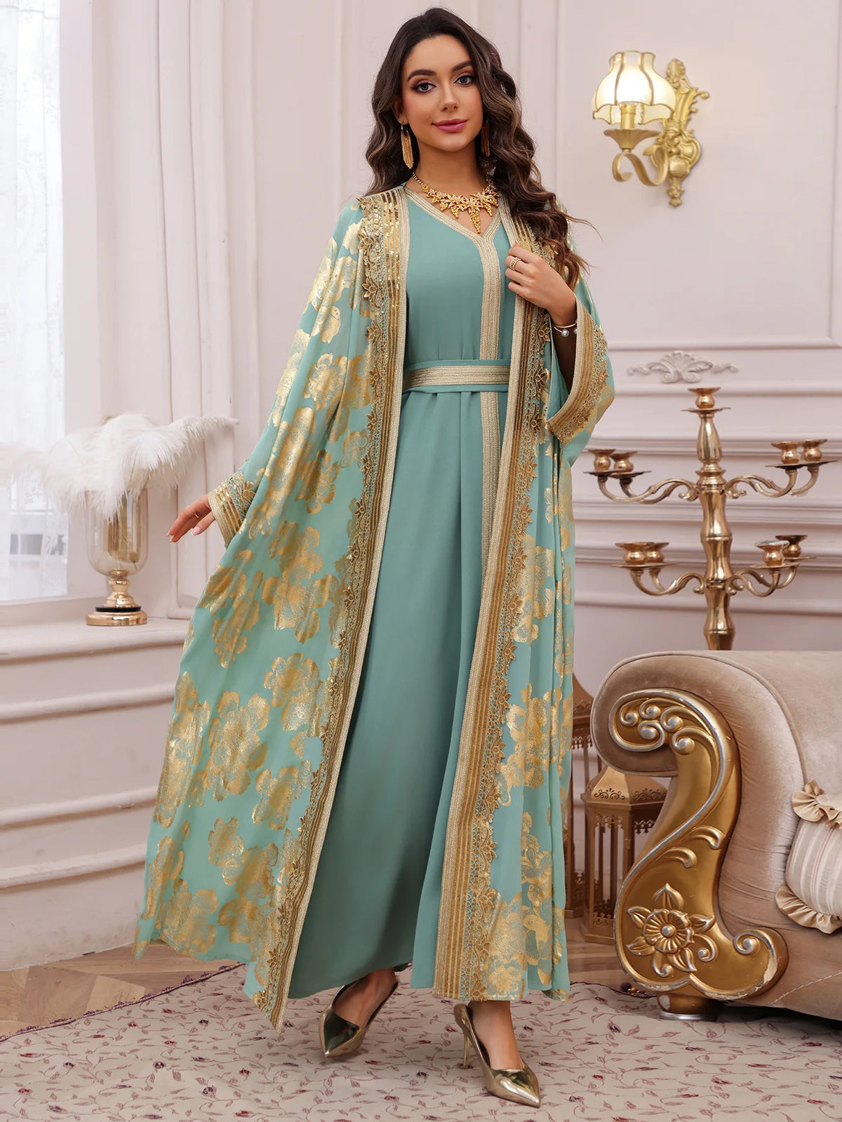Abaya brodée à manches longues, tomber fluide festif — Maya