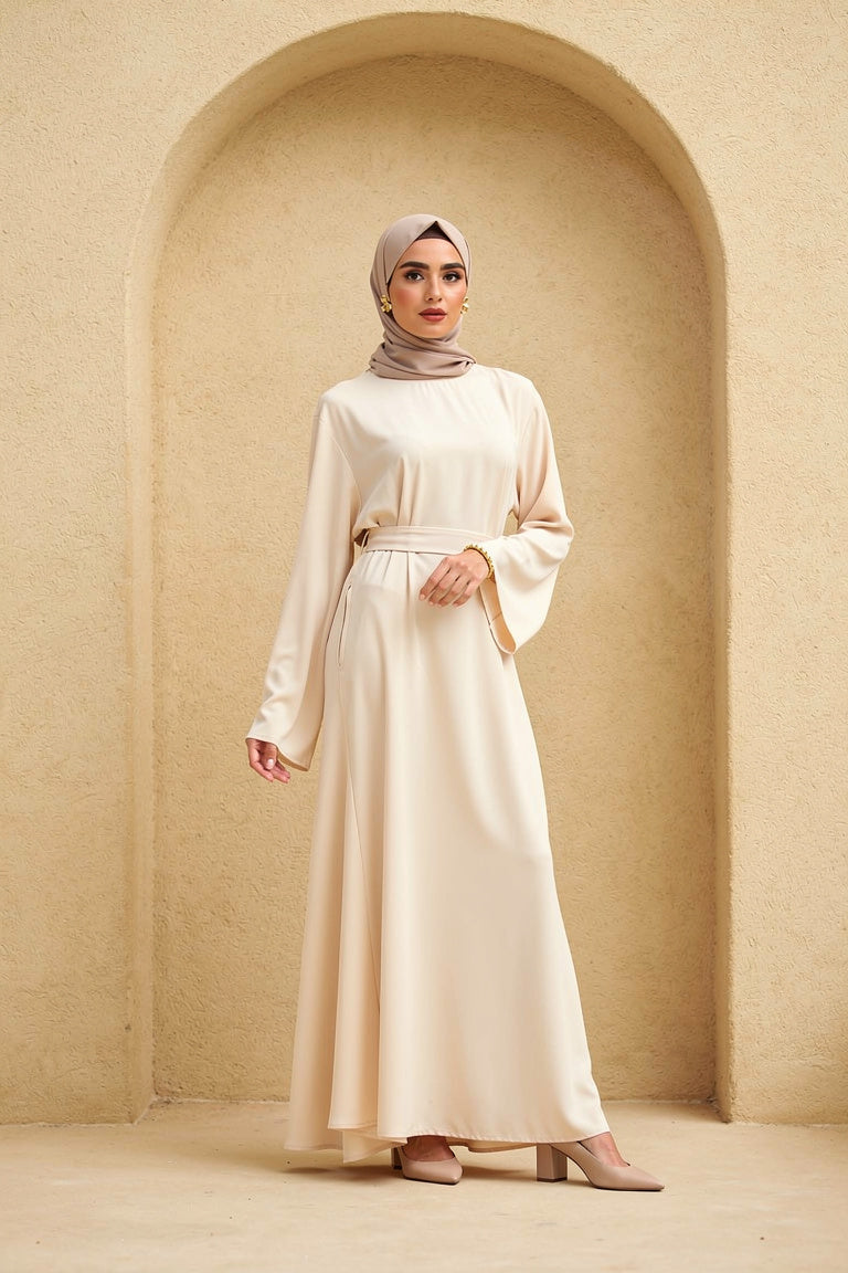 Robe longue fluide évasée en Nida — Ikram - Style by Aliyah