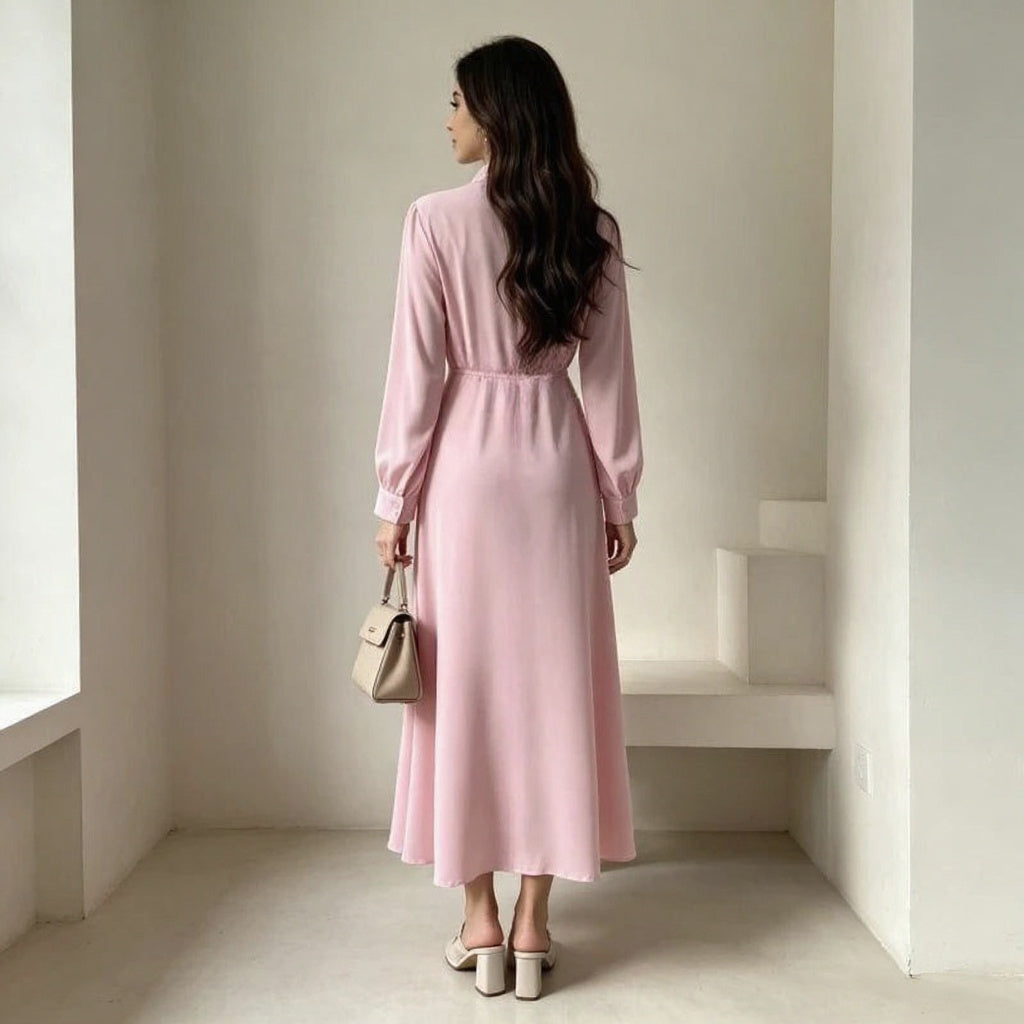 Robe longue Anissa boutonnée rose — tenue élégante complète