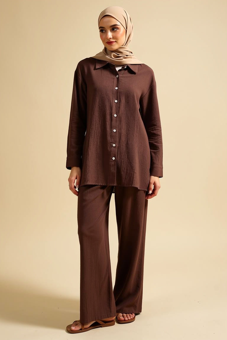 Ranya - ensemble chemise et pantalon large camel porte